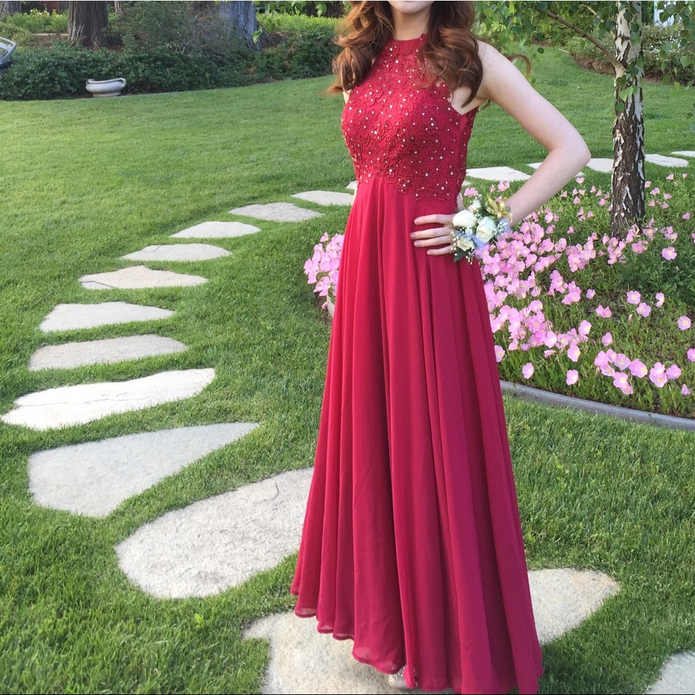 Gorgeous Red Embellished Halter Open Back Dress